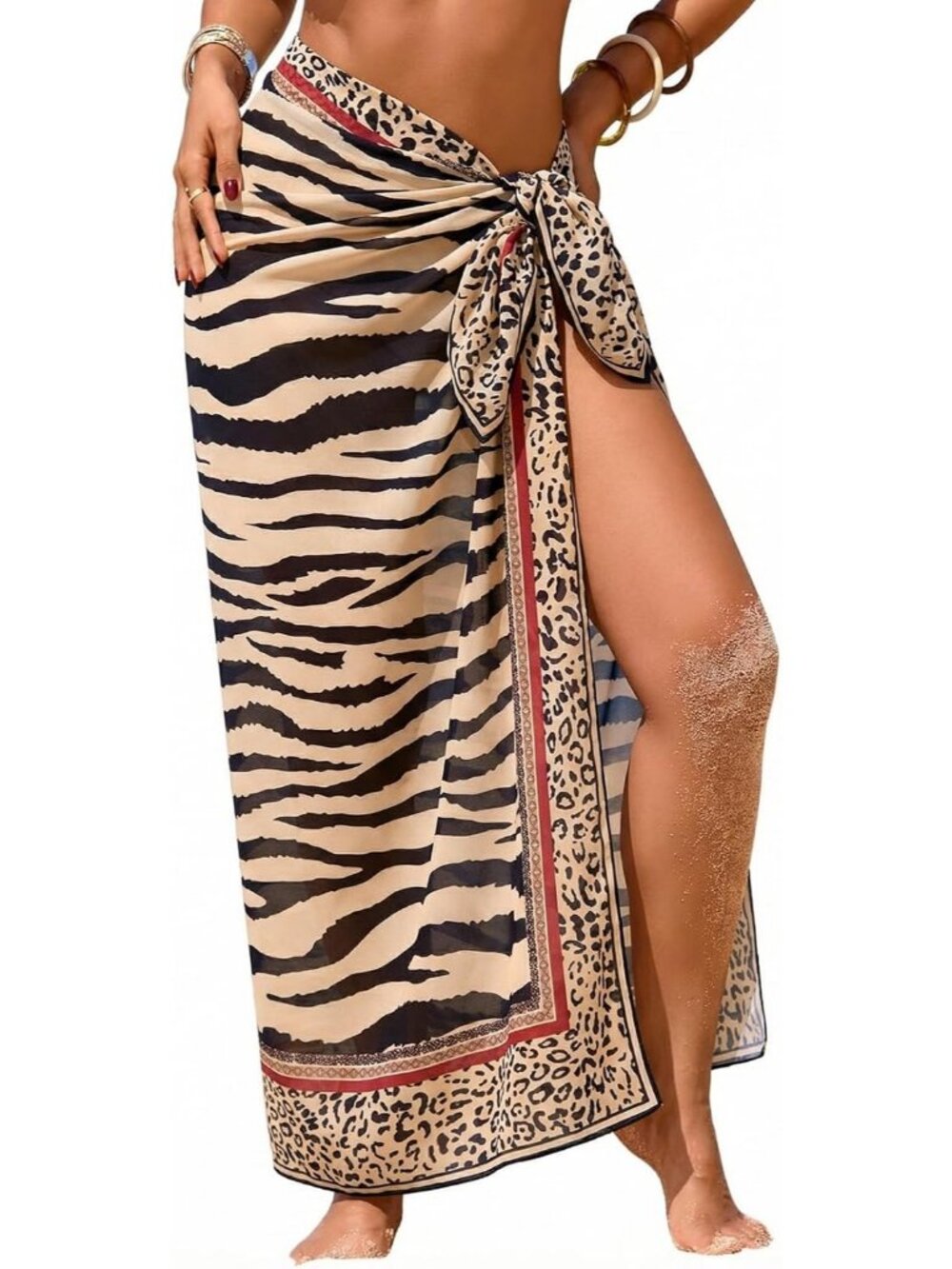 Women's Animal Stripe Pattern Polyester Printed Chiffon High Slit Beach Coverups